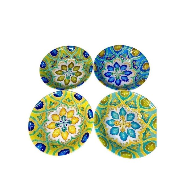 4 LAURIE GATES MOROCCAN BOHO MELAMINE CEREAL SOUP BOWL BLUE YELLOW GREEN 8.75 - Picture 2 of 11